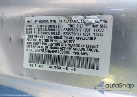 2015 Honda Odyssey Ex-L from USA, damaged, VIN 5FNRL5H64FB108880